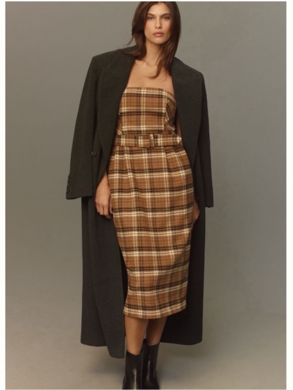 NWT Anthropologie Strapless Plaid Belted Knit Midi Dress, size 2